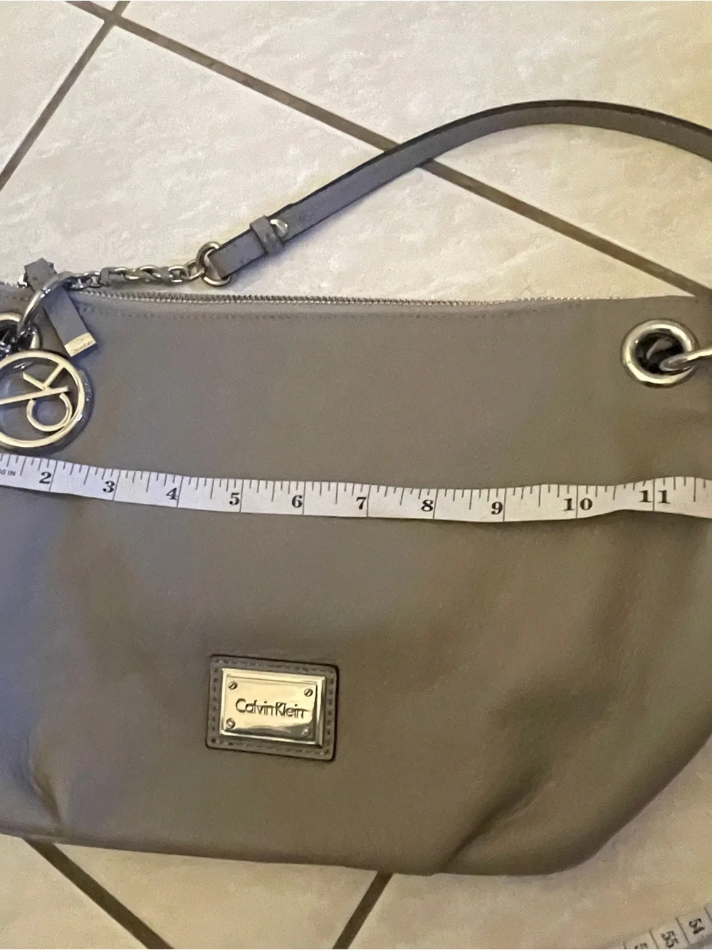 Calvin Klein Gray Pebbled Leather Hobo Shoulder Bag with Tassel & CK Charm